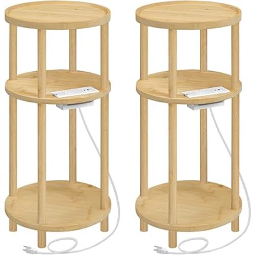 HOOBRO Small Round Side Table with Charging Station, 3-Tier Round Bamboo End Table, Compact Sofa Bedside Table for Small Space, Easy Assembly, for Living Room, Bedroom, Apartment, Natural YL152UBZ01