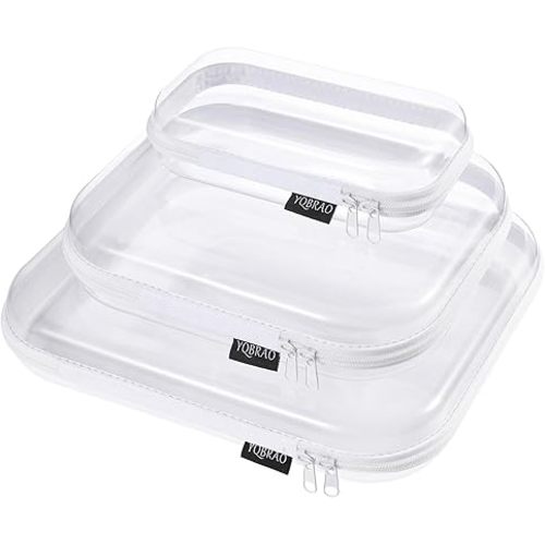 YQBRAO 3-Pack Clear Hard Shell Zipper Case, 1.2mm Heavy-Duty Crush-Proof Makeup Bag, Multi-Size Set (L+M+S) for Diaper Bag Organizer, Toys, Art Supplies & TSA Approved Clear Zipper Pouches