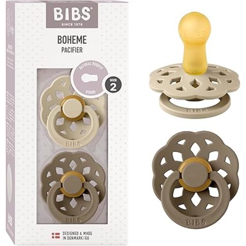 BIBS Pacifiers - Boheme Collection | BPA-Free Round Nipple | Nautral Rubber Latex | Made in Denmark | Set of 2 Vanilla/Dark Oak Color Premium Soothers | Size 6-18 Months