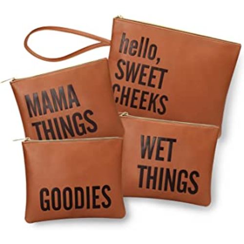 MOMINSIDE Diaper Bag Organizing Pouches, Set of 4 Leather Diaper Clutch, Baby Diaper Bag Organizer Packing Cubes, Baby Registry Search, Large Dry Wet Bag for Daily Use Travel Vacations