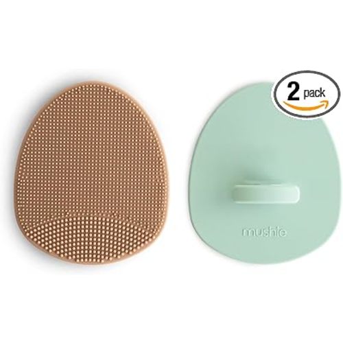 mushie Baby Bath Cradle Cap Brush | Soft Silicone Bristles for Dry Skin, Eczema, & Cradle Cap Treatment | 2-Pack (Natural/Cambridge Blue)