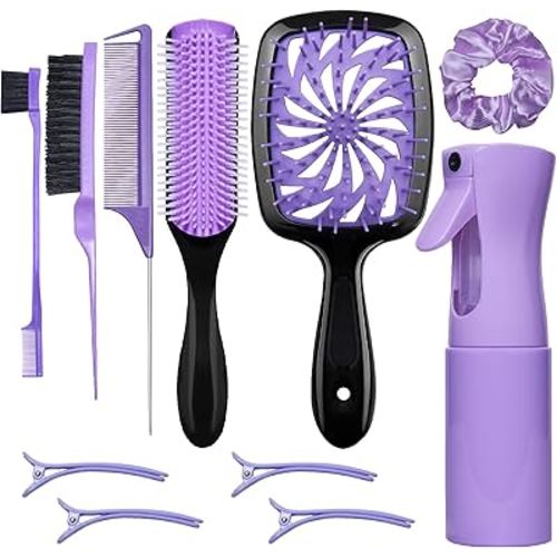 11 Pcs Hairbrush Set, Detangle Hair Brush And Spray Bottle, 3 Pieces Smooth Hairbrush For Toddlers, Suitable For Wet and Dry Hairstyles, Suitable For Adults And Children. (Purple)