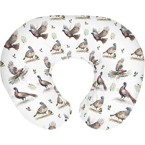 Watercolor Pheasant Leaves Baby Nursing Pillow Covers for Boy Girl Hunting Pheasants Nursery Feeding Pillowcase for Breastfeeding Pillows Country Cottage Birds Soft Stretchy Cover for Newborn Infant