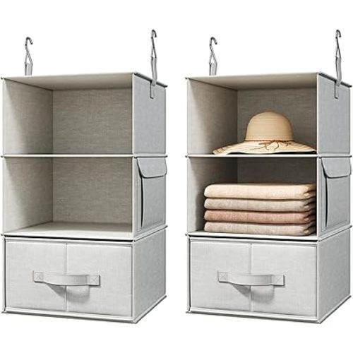 Vailando 3-Shelf Hanging Closet Organizer, Set of 2 Hanging Shelves with 2 Drawers for Wardrobe, Nursery, Baby Clothes Storage and Organization, Silver Gray