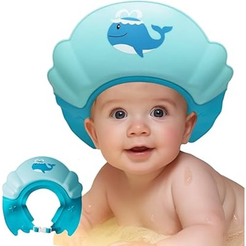 Baby Shower Cap Shield, Shower Cap for Kids, Visor Hat for Eye and Ear Protection for 0-9 Years Old Children,Cute whale shape Makes the Baby Bath More Fun (Blue)
