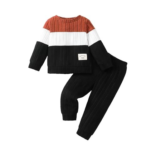 VEGGIEDOT Toddler Baby Boy Clothes 6 9 12 18 24 Months Infant Boy Outfits Color Block Fall Winter Pants Set 2T 3T