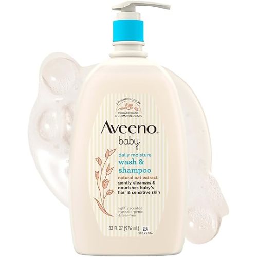 Aveeno Baby Daily Moisture Gentle Baby Body Wash and Shampoo with Oat Extract, 2-in-1 Baby Wash & Hair Shampoo, Tear-Free, pH Balanced for Sensitive Skin & Hair, Lightly Scented, Value Size 33 Fl Oz