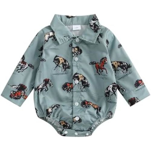 Western Baby Boy Clothes Cow Print Long Sleeve Lapel Neck Button Down Shirt Romper Cowboy Baby Boy Fall Outfit