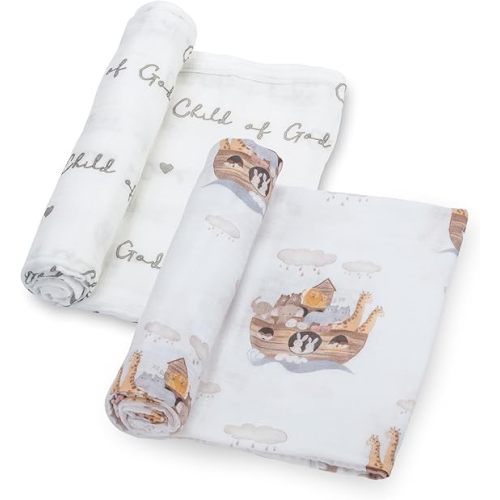 LollyBanks Muslin Swaddle Blankets 2PACK, 100% Cotton Baby Blanket 47 x 47 Inches, Large Baby Swaddle Breathable, Muslin Blankets for Boys and Girls (Child of God and Noah's Ark Print)