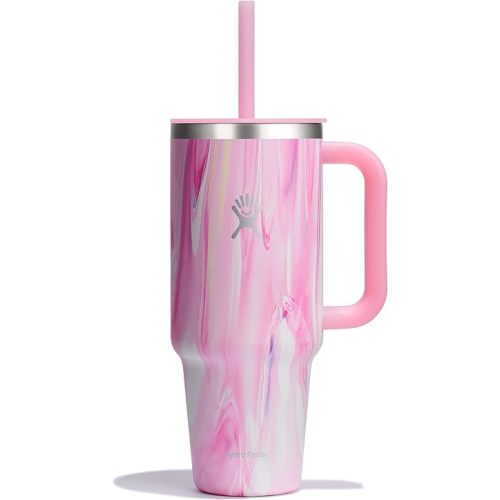 Hydro Flask Travel Tumbler with Handle, Lid and Straw - Insulated Stainless Steel in 40 Oz Jelly Pink