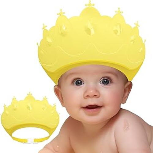 Baby Shower Cap Shield, Baby bath set shower cap, Visor Hat for Eye and Ear Protection for 0-9 Years Old Children,Cute Crown Shape Makes the Baby Bath More Fun (Yellow)