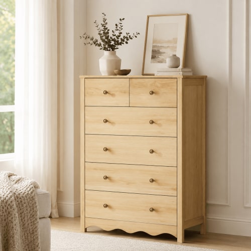 LAZZO 6 Drawer Dresser, Wooden Farmhouse Chest with Vintage Grain Texture, 47.2" Wide