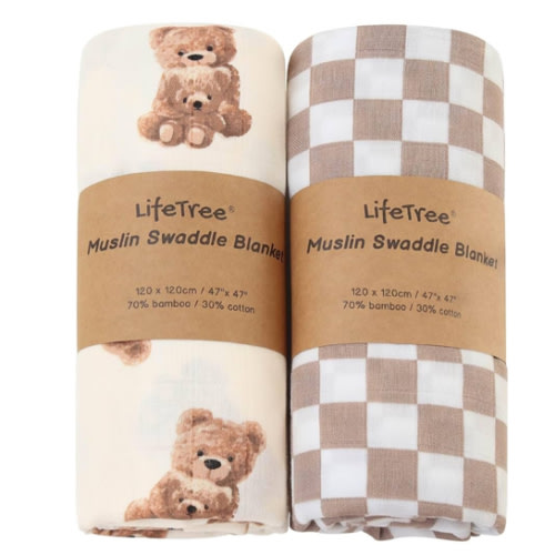 LifeTree Muslin Swaddle Blankets, Baby Swaddling Wrap Nursery Blanket Unisex, Soft 70% Viscose from Bamboo and 30% Cotton, Large 47 x 47 inches, Bear & Checkered Swaddle Blanket