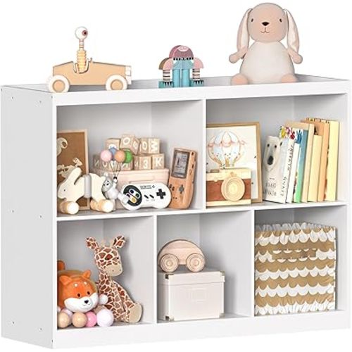 BRINJOY Toy Storage Organizer, 5-Section Kids Bookcase with Raised Edge, Children's Toy Shelf Cabinet for Playroom Bedroom Daycare Nursery School, Montessori Bookshelf for Boys & Girls (2-Tiers)