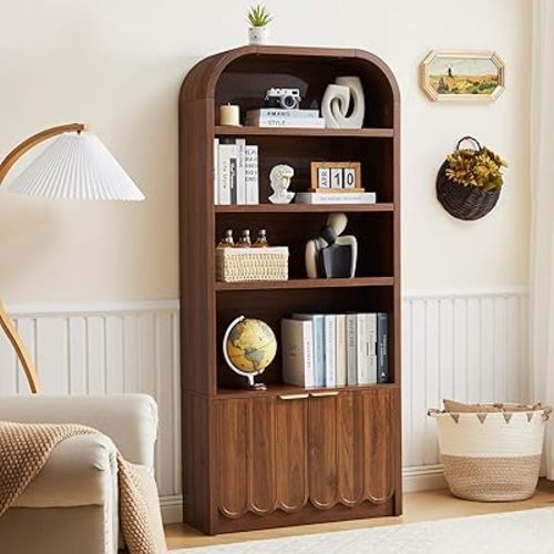 ORRD 70" Tall Arched Bookshelf with Storage Cabinet, Modern 4-Tier Wood Bookcase with Scalloped Doors & Gold Handles, Open Display Shelves for Living Room, Bedroom, or Home Study Office (Walnut)