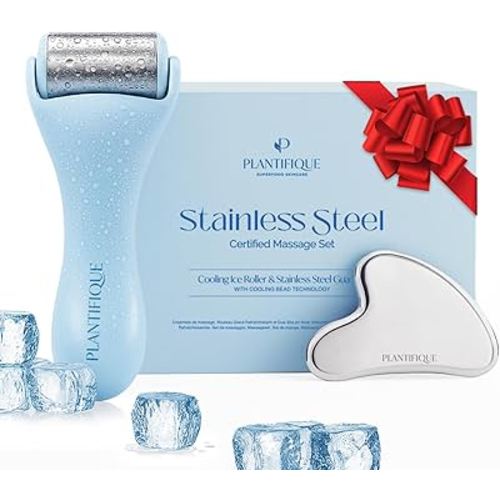 PLANTIFIQUE Facial Ice Roller and Stainless Steel Gua Sha Set - Cryotherapy Skin Care Massage Tools - Metal Massager Set for Puffy Face, Under Eyes and Body