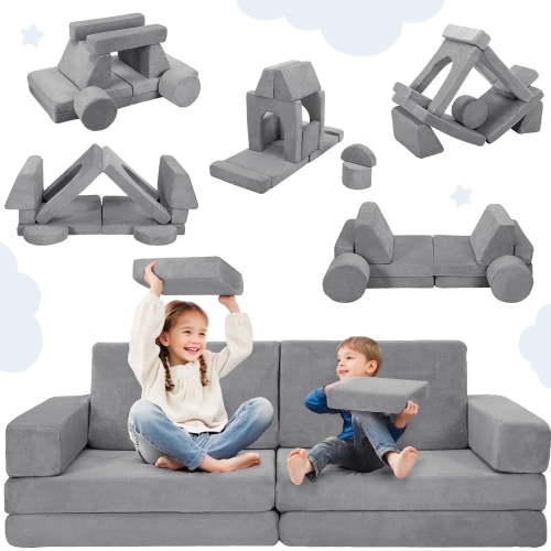 14Pcs Kids Play Couch, Caveen Baby Playroom Furniture Convertible Foam and Floor Cushion for Toddler,Gray
