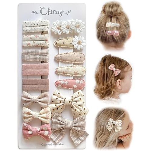 Cherssy Floral Hair Bow Clips for Baby Girls, 20 Pack Boutique Snap Hairpins and Alligator Clips Set, Handmade Hair Accessories for Toddler Kid School Age Girls' Gift