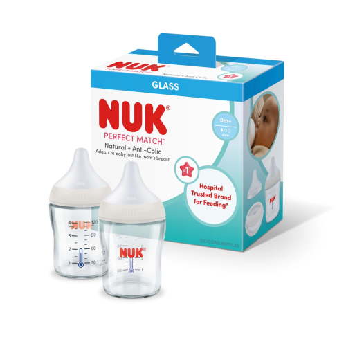 NUK Perfect Match Glass Anti-Colic Baby Bottle, Slow Flow, 0+ Months, 4 oz, 2 Pack