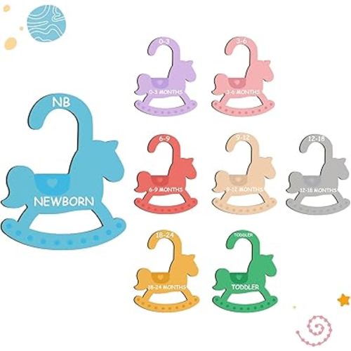 Baby Clothes Dividers for Closet - Set of 8 Wooden Baby Size Closet Dividers Newborn to 24 Months, Newborn Organizer for Boys & Girls - Rocking Horse Theme Baby Nursery Decor Kit New Parents Gifts