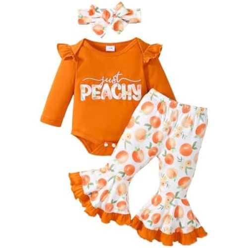 Newborn Infant Baby Girl Clothes Ruffle Long Sleeve Just Peachy Romper+Peach Flare Pant+Headband Cute Fall Outfit
