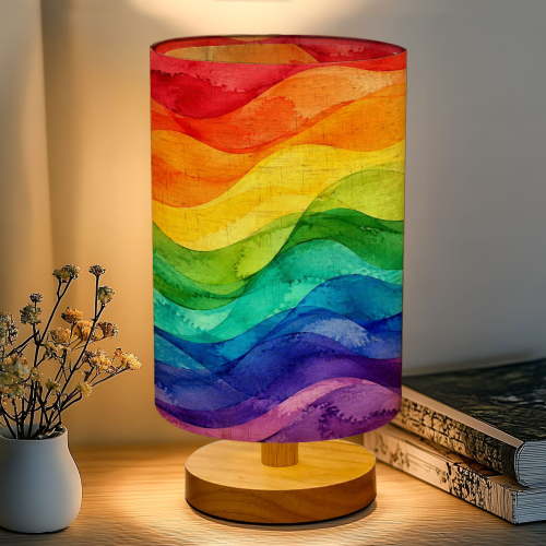 16-Color Dimmable Table Lamp, Vibrant Rainbow Watercolor Waves Abstract Art Bedside Nightstand Light with Wood Base Fabric Shade for Bedroom Nursery Living Room Gifts