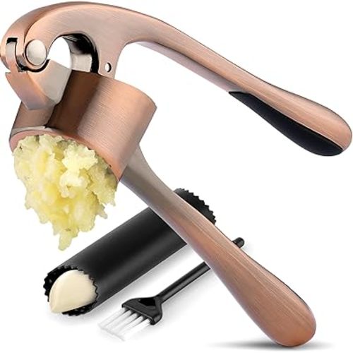 Zulay Kitchen Large Premium Garlic Press Set - Bigger Bowl for Bigger Garlic - Rust Proof & Dishwasher Safe Garlic Mincer Tool - Easy-Squeeze, Easy-Clean Silicone Garlic Peeler & Brush (Copper)