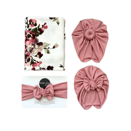 Floral Baby Swaddle Set: Wine, Pink, and Dusty Rose Turban