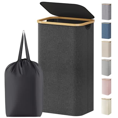 Lifewit 100L Laundry Basket with Lid, Clothes Hampers for Laundry with Bamboo Handles and 1 Removable Bag, Large Foldable Laundry Hamper for Bedroom, Bathroom, Dorm, Laundry Room, Dark Gray