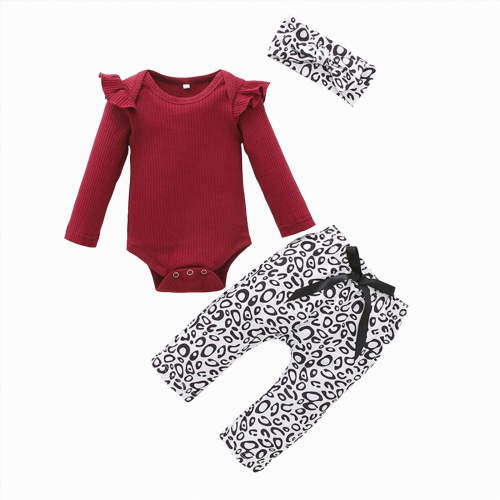 ORT Baby Girl Clothes 3 6 9 12 Months Outfits Long Sleeve Knitted Romper & Daisy Pants Fall Winter 3Pcs Clothes Sets(Wine,3-6 M)