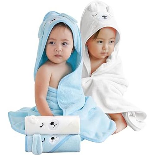 Baby Bath Towel,2 Pack Hooded Babie Towels for Newborn,Infant,Toddler,Ultra Absorbent Soft (White Bear+Blue Bear)