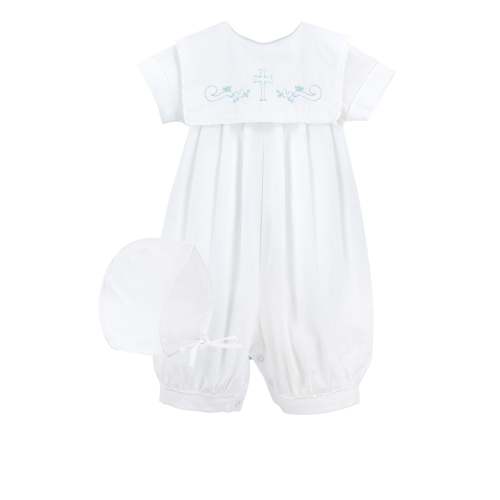 74167-Long Romper Embroidered Cross Baby Boy Christening Outfit