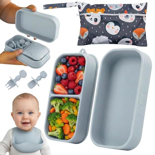 Baby Travel Feeding Set with Silicone Suction Plates, Grey Small | BPA-Free and Non-Toxic, Microwave and Dishwasher Safe, Waterproof Carry Case, Foldable Bib, Fork Included