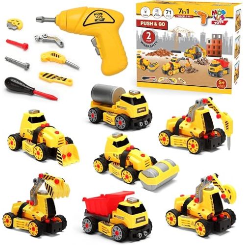 MOBIUS Toys 7-in-1 Take-Apart Truck Construction Set – STEM Building Toy w/Drill, Lights & Sounds – Buildable Dump Truck, Excavator & More – Educational Engineering Playset for Kids Ages 3–8