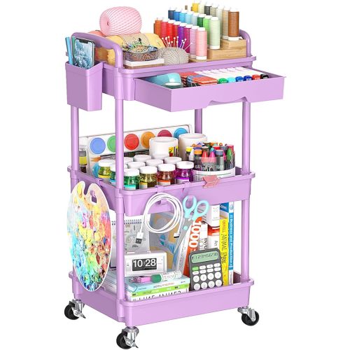 3 Tier Rolling Cart Organizer with Drawer, Bathroom Storage Carts with Wheels & Plastic Shelf, Mobile Storage Organizers for Kitchen, Office, Laundry Room, Baby, Snack, Craft, Makeup, Purple