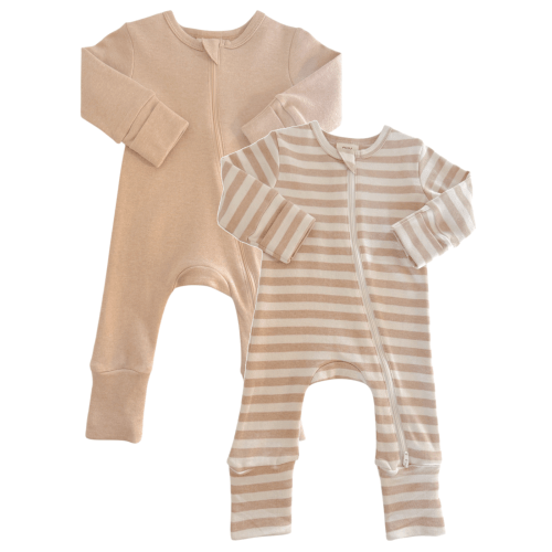 Biscuit & Biscuit Stripe / Organic 2-Way Zip Romper 2-Pack