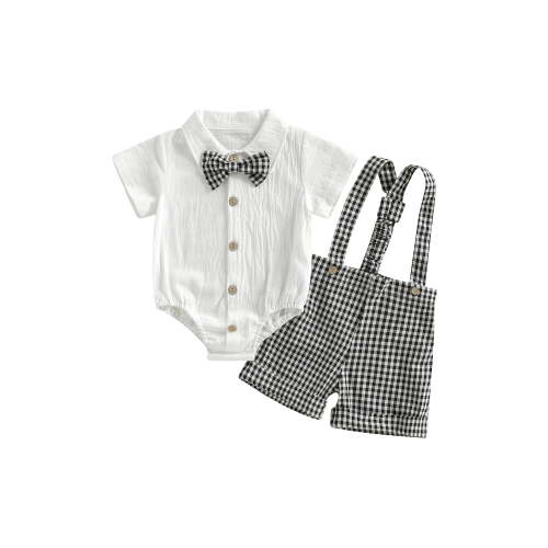 Loicainy Infant Baby Boy Gentleman Clothes Set 3 6 9 12 18 Month Short Sleeve Bow Tie Romper with Plaid Suspender Shorts Summer Outfit