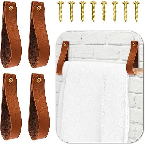 4 Pcs Leather Wall Hooks, Wall Hanging Straps Hanger Towel Hook, Leather Shelf Holder for Bathroom Kitchen Bedroom Nordic Boho Decor (Brown)