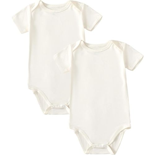 DEFAHN 2PCS Visocse from Bamboo Baby Rompers Unisex Onsies Solid Short Sleeve Baby Bodysuit 0-24 Months