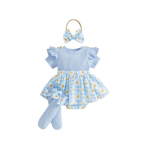 Loicainy Baby Infant Girl Summer Bodysuit Dress Outfits 3 6 9 12 Months Faux Two-piece Design Daisy Print Plaid Short Sleeve Romper Bow Headband and Stockings Set
