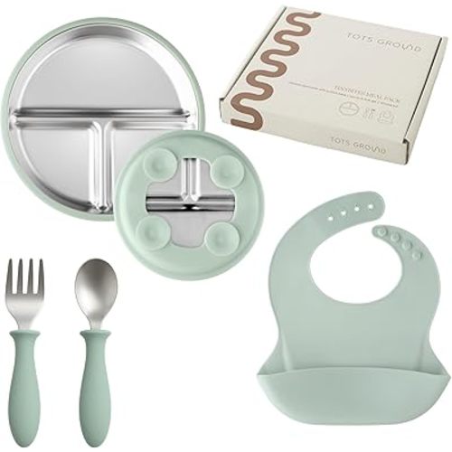 Stainless Steel Toddler Feeding Set 4 Pieces – Suction Plate, Silicone Bib, Spoon & Fork – Divided Plates for Baby Led Weaning, BPA-Free, Removable Shell (Sage Green)