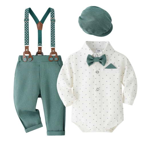 Qopobobo New Born Clothes Baby Boy Toddler Boy Formal Outfit Baby Boy Long Sleeve Gentleman Shirt Waistcoat Bowtie Tuxedo Green,6-9 Months