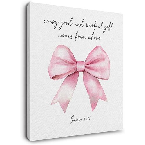 Ryeolo Pink Bow Wall Decor - Coquette Christian Bible Verse Framed Canvas Wall Art, Coquette Aesthetic Pink Bow Wall Decor for Girls Bedroom, 12x16 Inches