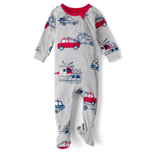Baby And Toddler Boys Rescue Vehicle Snug Fit Cotton Footed One Piece Pajamas - Gray