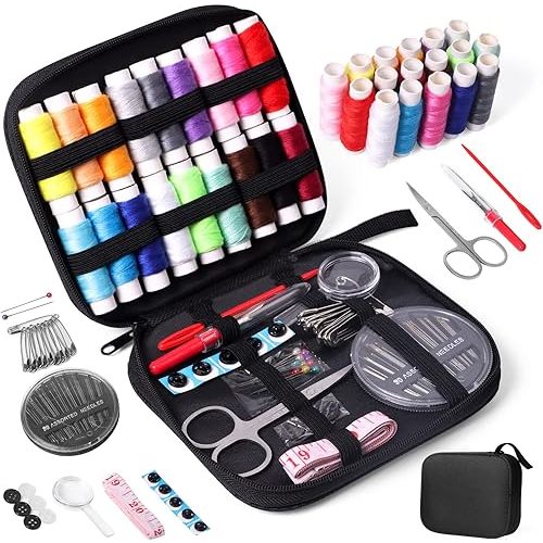 JUNING Sewing Kit with Case Portable Sewing Supplies for Home Traveler, Adults, Beginner, Emergency, Contains Thread, Scissors, Needles, Measure