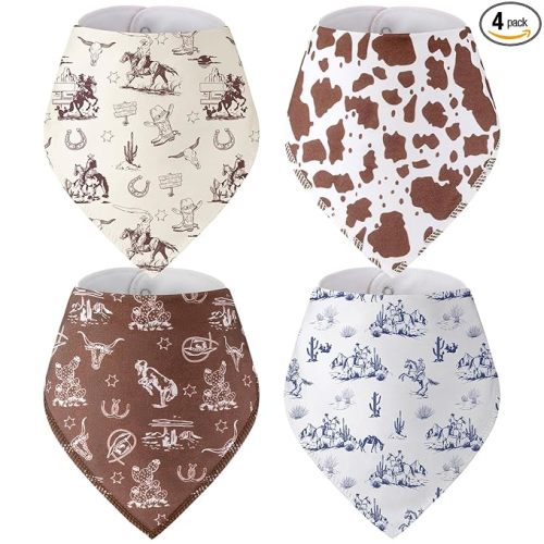 VitalCozy 4 Pcs Vintage Western Baby Bandana Bib Cotton Newborn Infant Feeding Drool Bib for Drooling and Teething Girl Boy