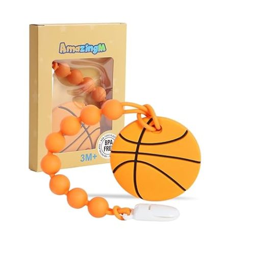 Baby Food Grade Silicone Sport Ball Teether Toy with Pacifier Clip Holder,Teething Toys Gift Set for 3 Months+ Boys and Girls,Freezer Safe,BPA Free. (Basketball)