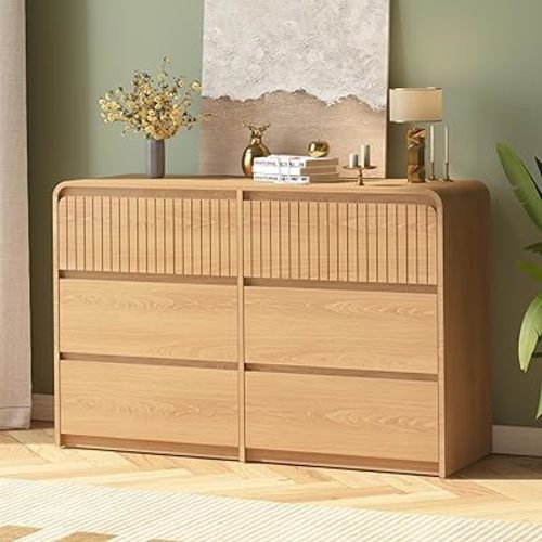Modern 6 Drawer Dresser for Bedroom, 48" Large Wide Chest of Drawers, Wooden Dresser Closet Organizers w/Storage Drawer & Curved Profile Design,TV Stand for Living Room, Hallway, Natural