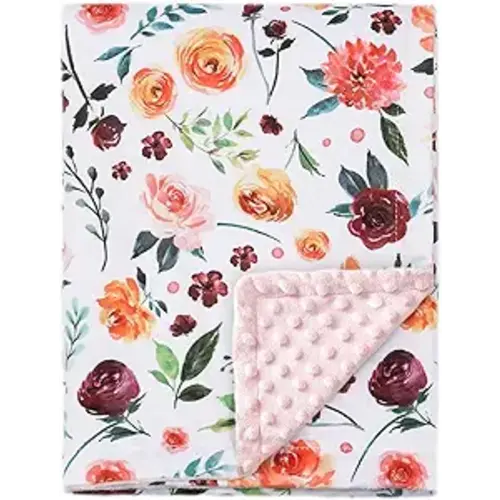 BORITAR Baby Blanket for Girls Super Soft Double Layer Minky with Dotted Backing, Receiving Blanket with Elegant Floral Multicolor Printed Blanket 30 x 40 Inch(75x100cm)