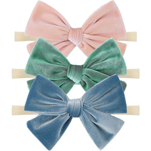 4'' Baby Velvet Gloss Bows Handmade Headbands Tied Bow Elastic Nylon Hair Accessories for Baby Girls Newborn Infant 3 Pcs Light Blue Aqua Pink